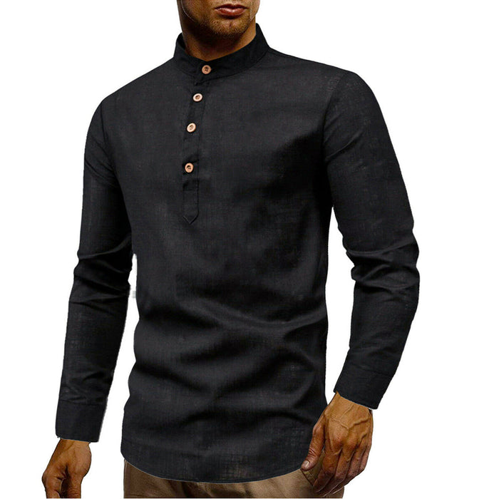Linen Half-Button Round Neck Men's Shirt: white, brown long-sleeve pullover shirt, minimal style