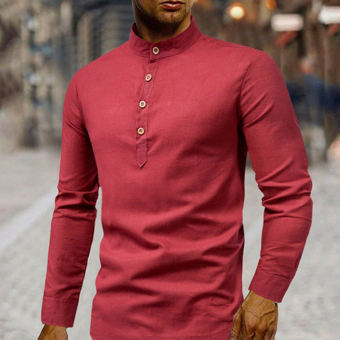 Linen Half-Button Round Neck Men's Shirt: white, brown long-sleeve pullover shirt, minimal style