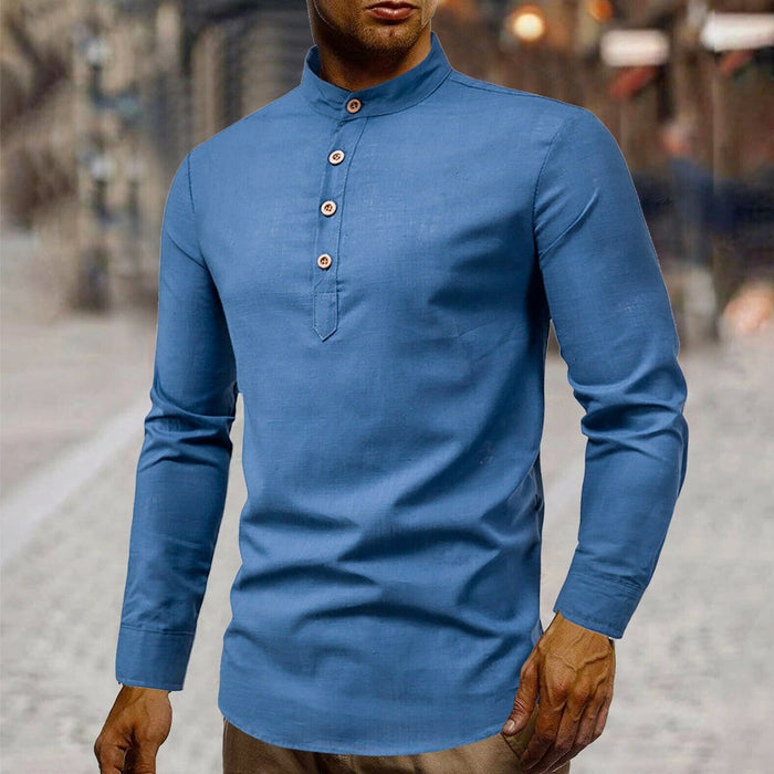 Linen Half-Button Round Neck Men's Shirt: white, brown long-sleeve pullover shirt, minimal style
