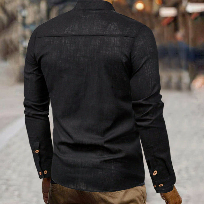 Linen Half-Button Round Neck Men's Shirt: white, brown long-sleeve pullover shirt, minimal style