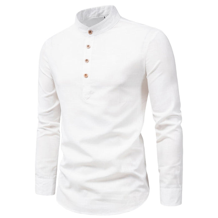 Linen Half-Button Round Neck Men's Shirt: white, brown long-sleeve pullover shirt, minimal style