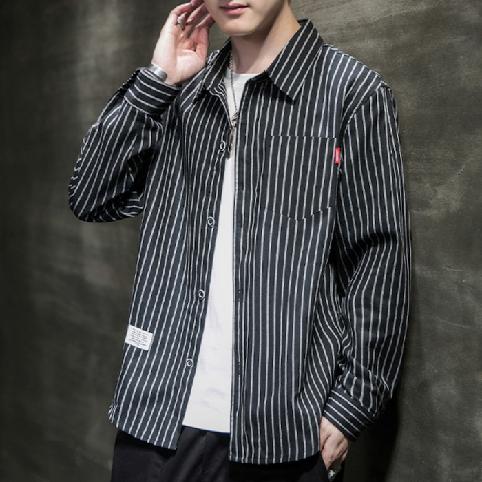 Linen Shirt with Stripes for Men: black, white button-up shirt, casual, minimalist style