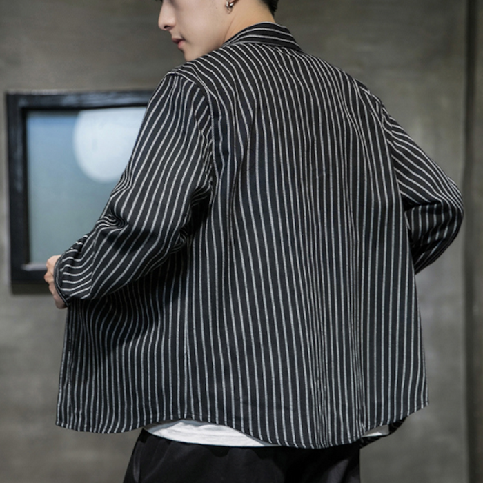 Linen Shirt with Stripes for Men: black, white button-up shirt, casual, minimalist style