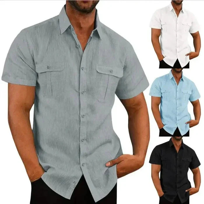 Linen Short-Sleeve Summer Shirt for Men: light gray, white short-sleeve button-up shirt, casual style