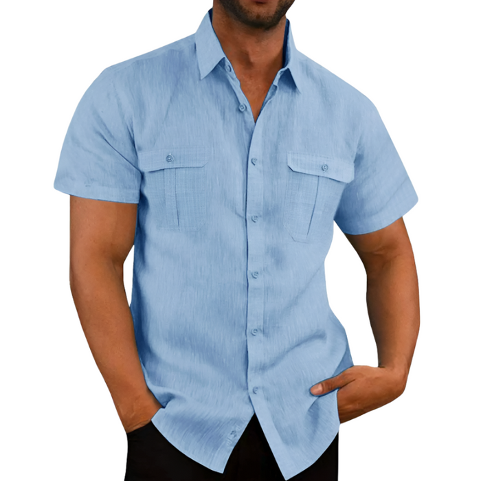 Linen Short-Sleeve Summer Shirt for Men: light gray, white short-sleeve button-up shirt, casual style