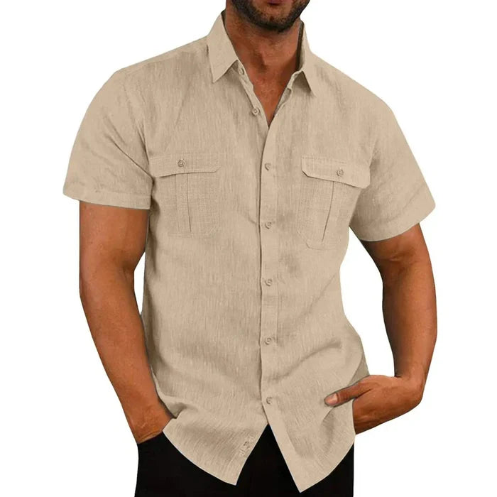 Linen Short-Sleeve Summer Shirt for Men: light gray, white short-sleeve button-up shirt, casual style