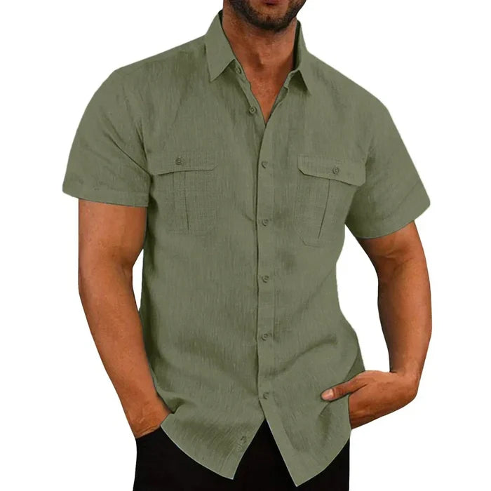 Linen Short-Sleeve Summer Shirt for Men: light gray, white short-sleeve button-up shirt, casual style