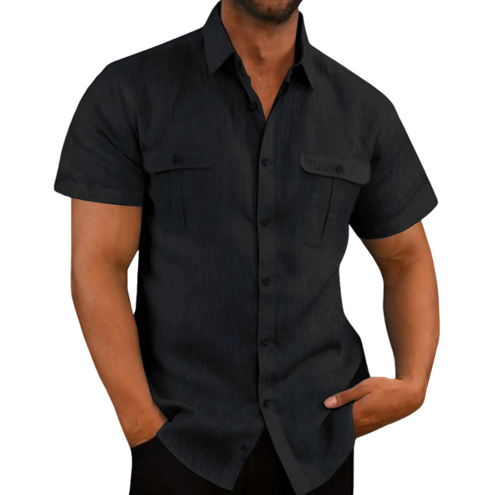Linen Short-Sleeve Summer Shirt for Men: light gray, white short-sleeve button-up shirt, casual style