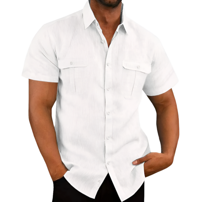Linen Short-Sleeve Summer Shirt for Men: light gray, white short-sleeve button-up shirt, casual style