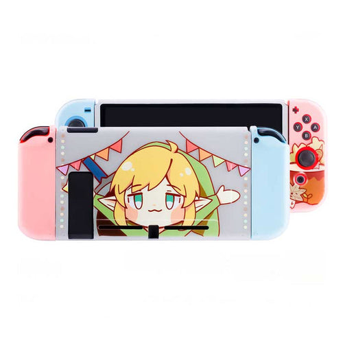 "Link & Korok" Zelda Switch Case: pink, light blue blonde cartoon character, kawaii cartoon style