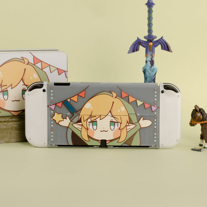 "Link & Korok" Zelda Switch Case: pink, light blue blonde cartoon character, kawaii cartoon style