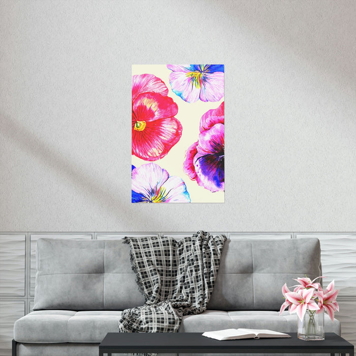 Lively Flower Print: cream, pink pansy flowers, botanical watercolor illustration style