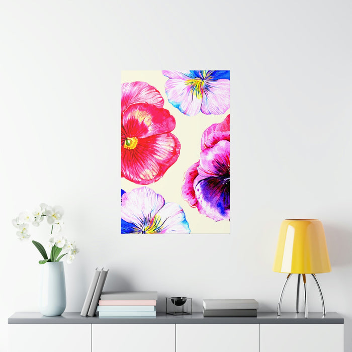Lively Flower Print: cream, pink pansy flowers, botanical watercolor illustration style