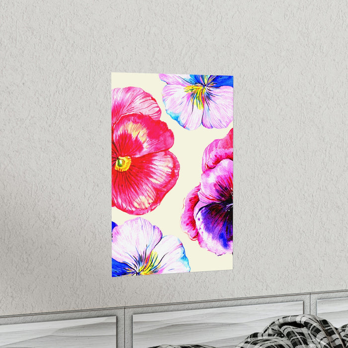 Lively Flower Print: cream, pink pansy flowers, botanical watercolor illustration style