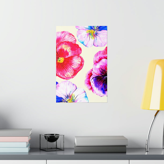 Lively Flower Print: cream, pink pansy flowers, botanical watercolor illustration style