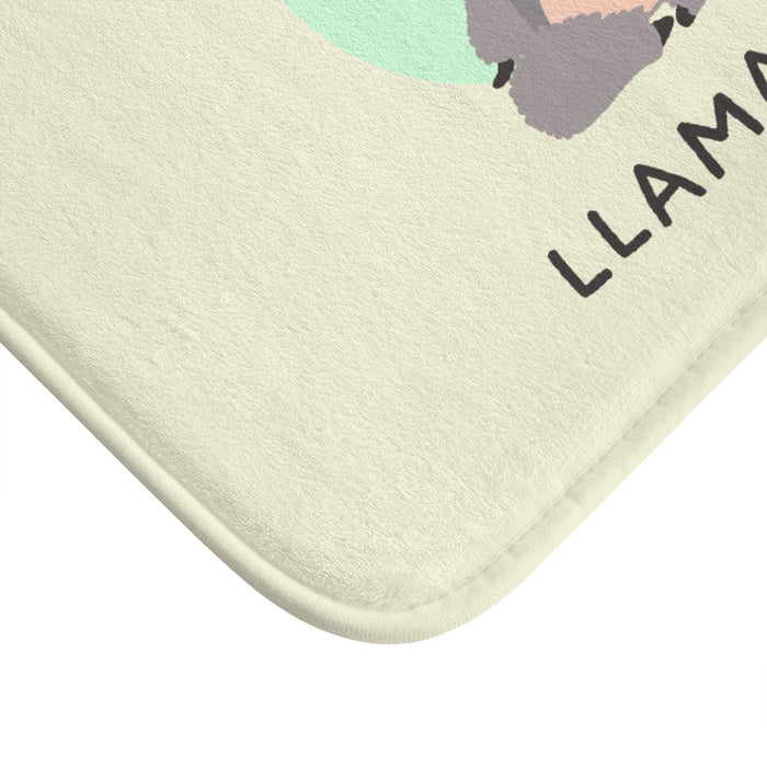 Llama Serenity Bath Mat: cream, gray cartoon llama, cute cartoon style