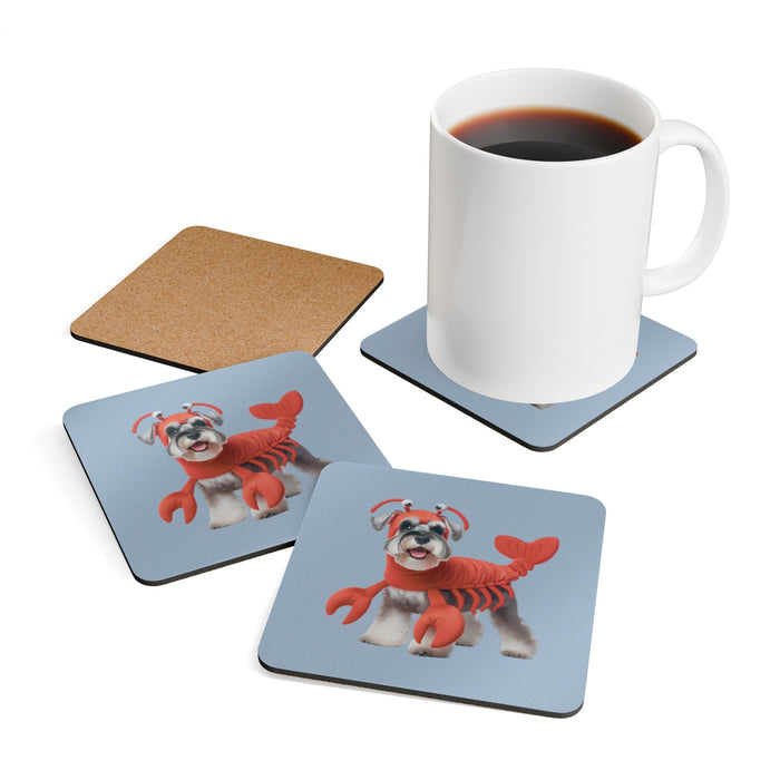 Lobster Suit Schnauzer Coaster Set (4 PCS): light blue, red cartoon dog wearing a red lobster costume