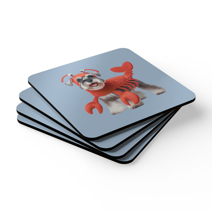 Lobster Suit Schnauzer Coaster Set (4 PCS): light blue, red cartoon dog wearing a red lobster costume