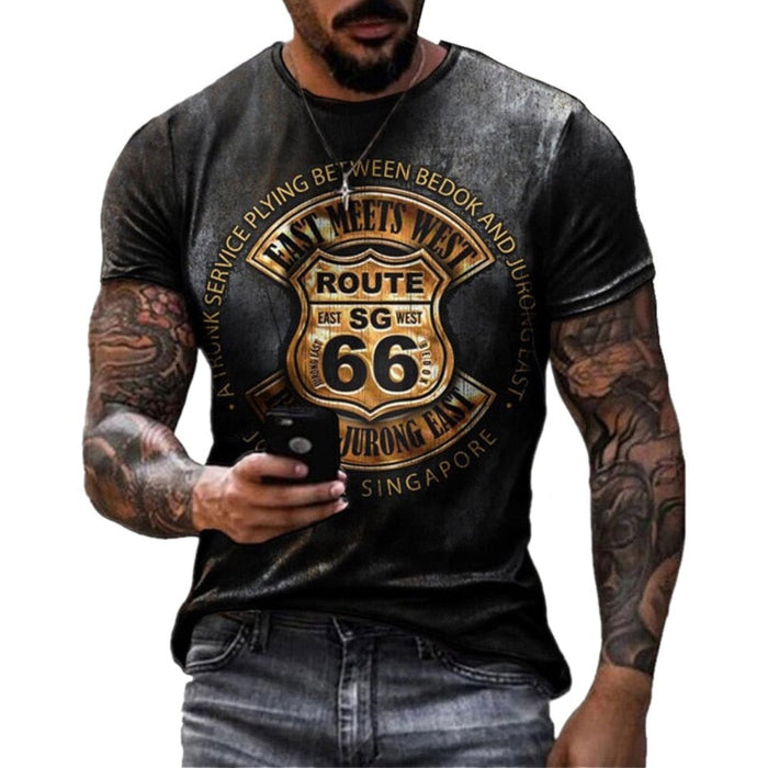 Logo Route 66 Print Men's Tee: black, dark gray Route 66 theme, vintage distressed graphic style