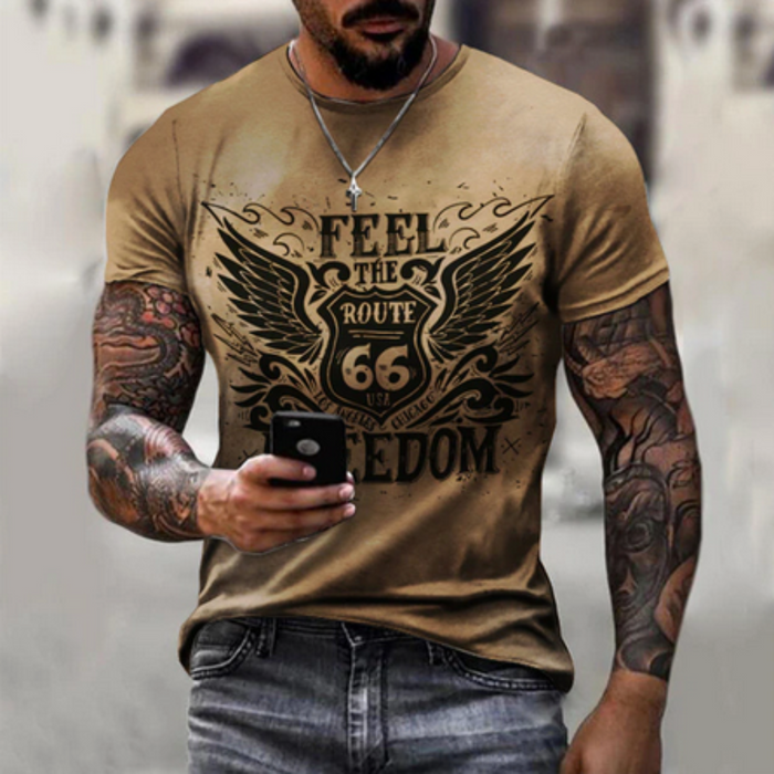 Logo Route 66 Print Men's Tee: black, dark gray Route 66 theme, vintage distressed graphic style