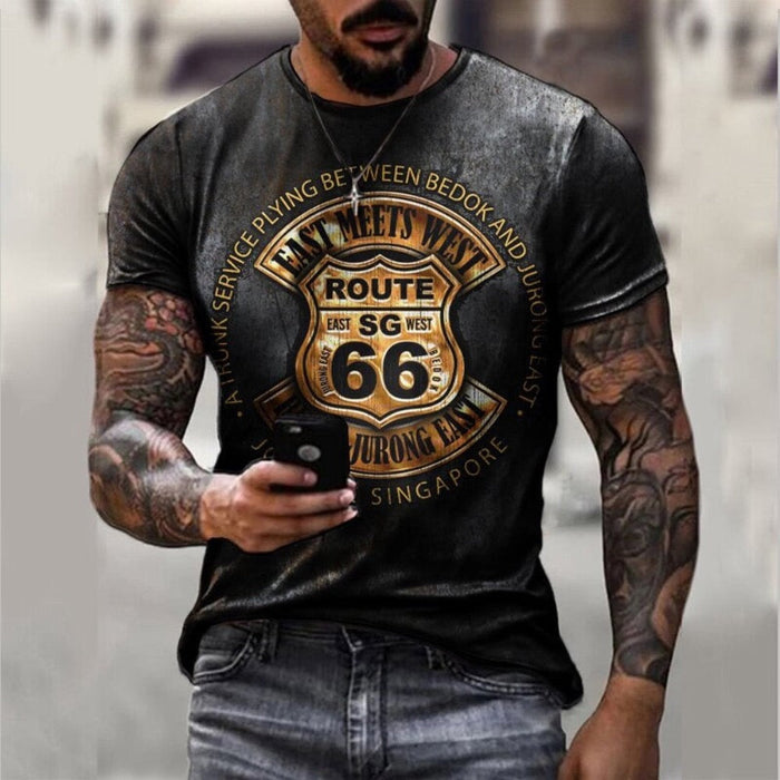 Logo Route 66 Print Men's Tee: black, dark gray Route 66 theme, vintage distressed graphic style