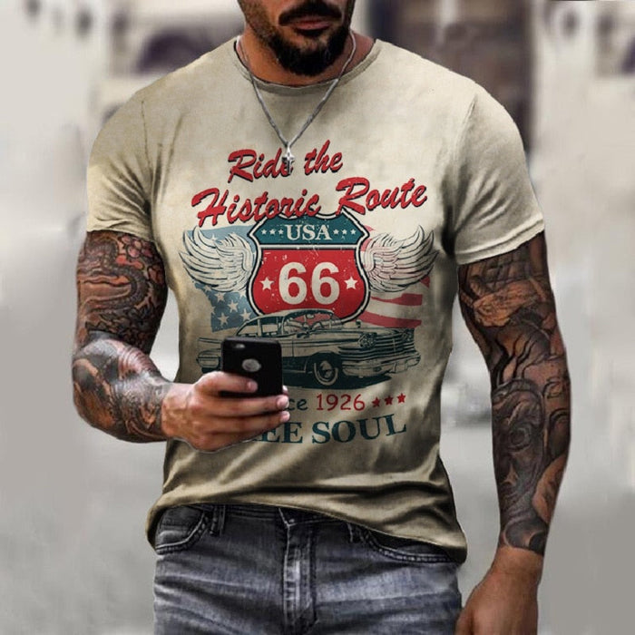 Logo Route 66 Print Men's Tee: black, dark gray Route 66 theme, vintage distressed graphic style