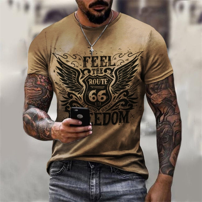 Logo Route 66 Print Men's Tee: black, dark gray Route 66 theme, vintage distressed graphic style