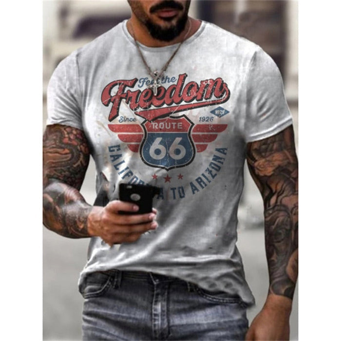 Logo Route 66 Print Men's Tee: black, dark gray Route 66 theme, vintage distressed graphic style