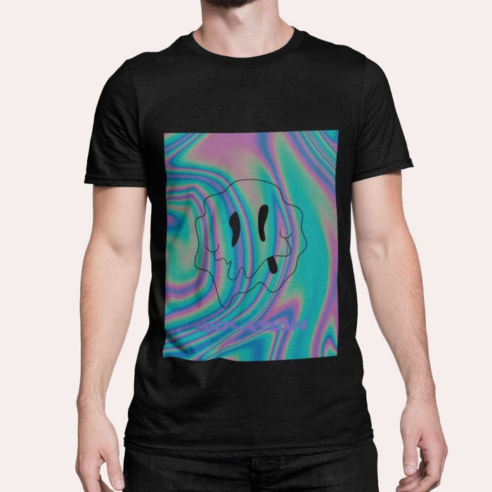 Logo T-Shirt for Men's Face: white, turquoise ghost character, cartoon, graphic streetwear style