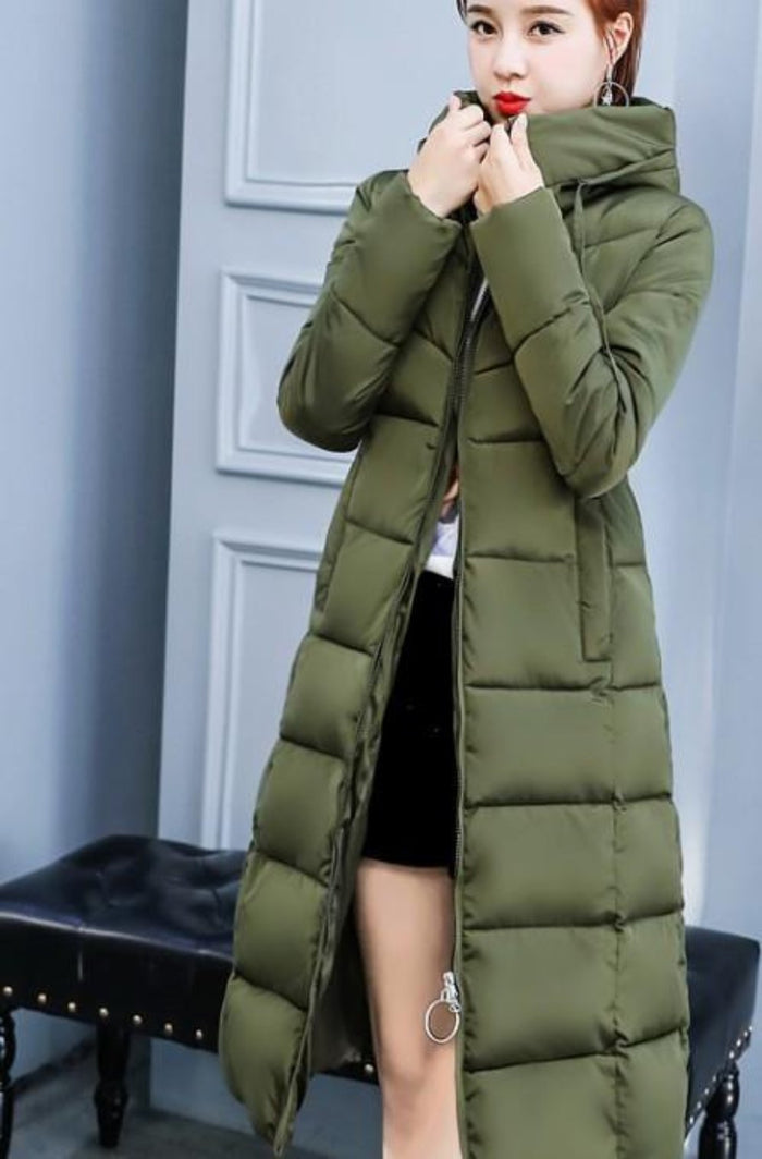 Long Army Green Hooded Women's Puffer Jacket: olive green long puffer coat, minimal winter outerwear style
