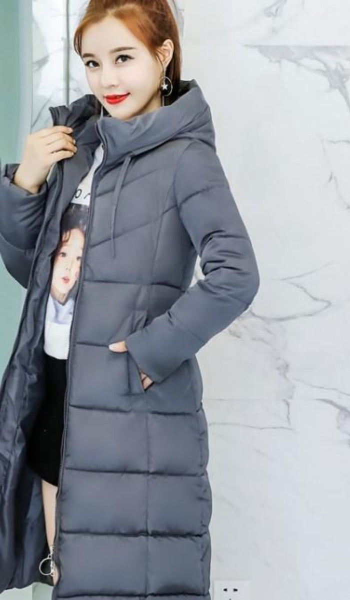 Long Army Green Hooded Women's Puffer Jacket: olive green long puffer coat, minimal winter outerwear style