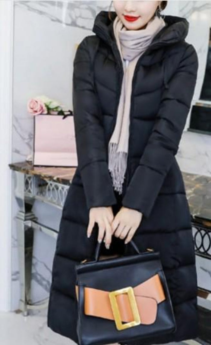 Long Army Green Hooded Women's Puffer Jacket: olive green long puffer coat, minimal winter outerwear style
