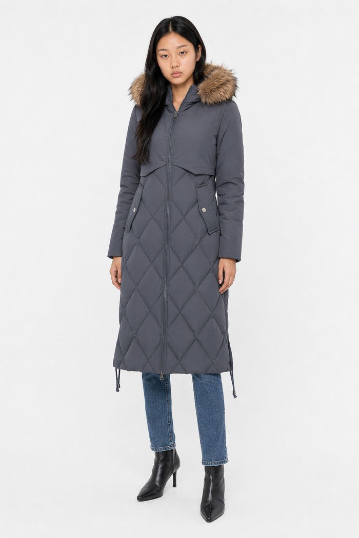 Long Coat for Women with a Hood Fur Trim and Zipper Closure Gray
