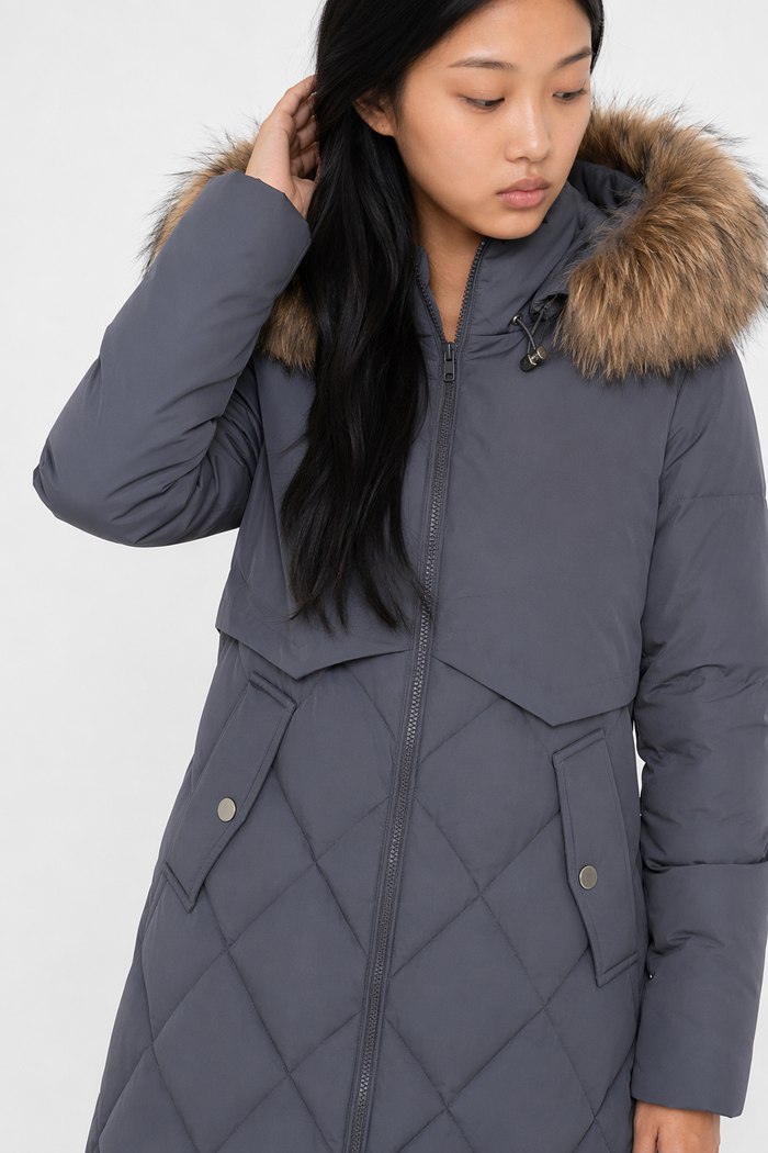 Long Coat for Women with a Hood Fur Trim and Zipper Closure Gray