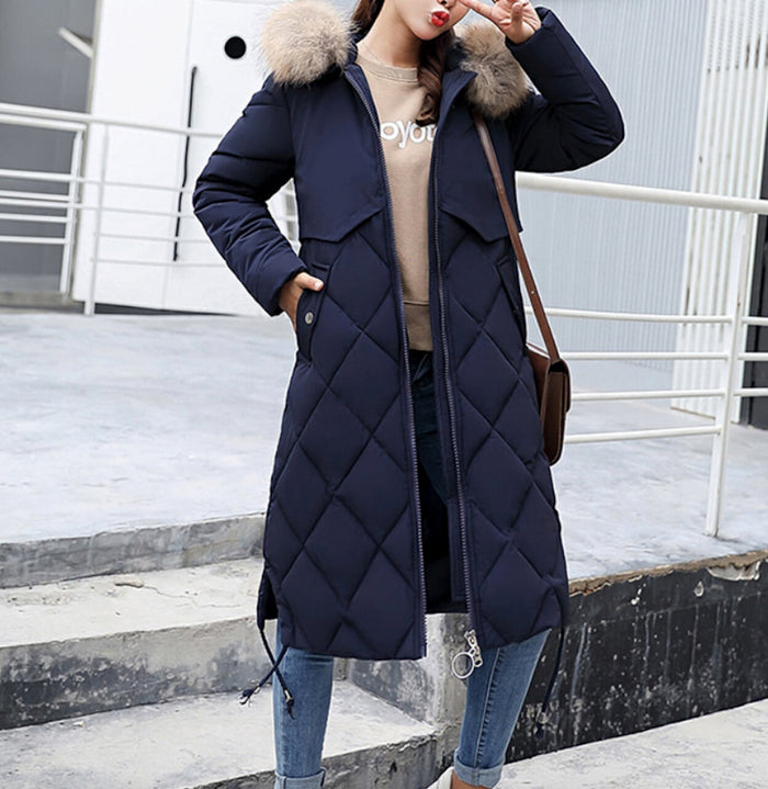 Long Coat for Women with a Hood Fur Trim and Zipper Closure: dark navy blue, tan faux-fur trim long hooded quilted coat, casu