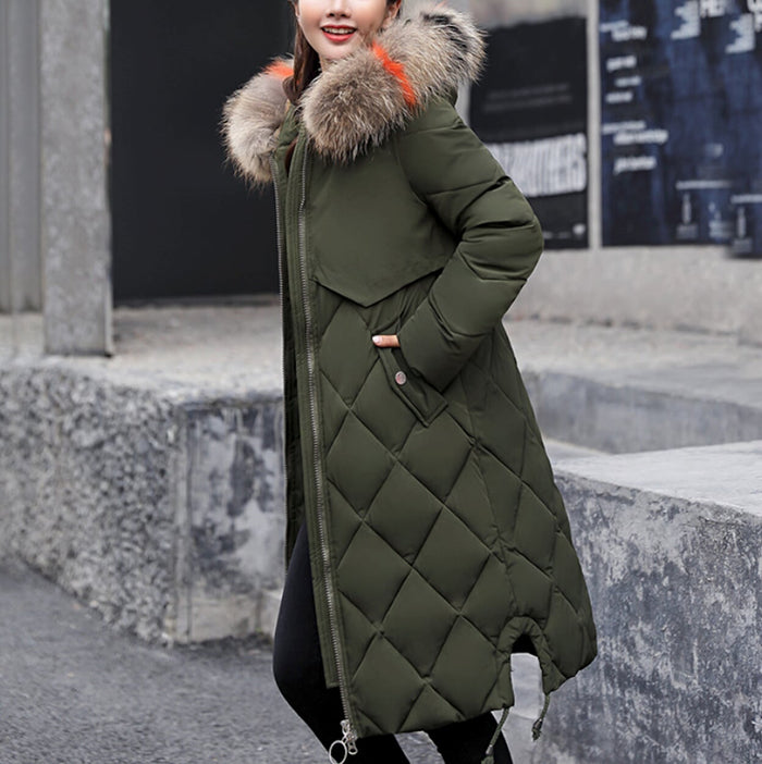 Long Coat for Women with a Hood Fur Trim and Zipper Closure: dark navy blue, tan faux-fur trim long hooded quilted coat, casu