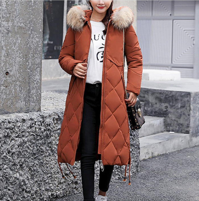 Long Coat for Women with a Hood Fur Trim and Zipper Closure: dark navy blue, tan faux-fur trim long hooded quilted coat, casu