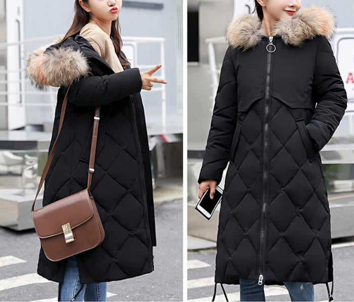 Long Coat for Women with a Hood Fur Trim and Zipper Closure: dark navy blue, tan faux-fur trim long hooded quilted coat, casu