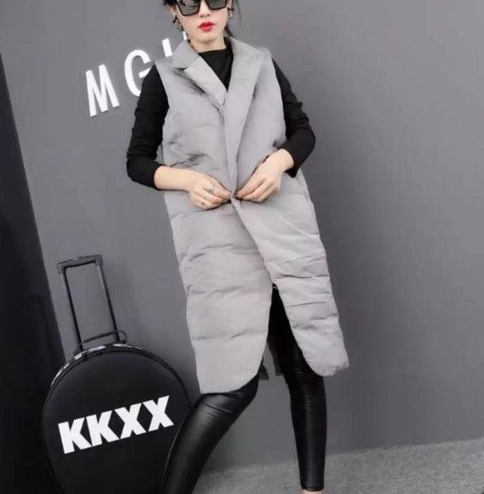 Long Double Breasted Winter Vest for Women: light gray, black sleeveless padded vest, minimal style