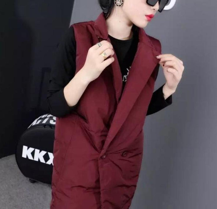 Long Double Breasted Winter Vest for Women: light gray, black sleeveless padded vest, minimal style