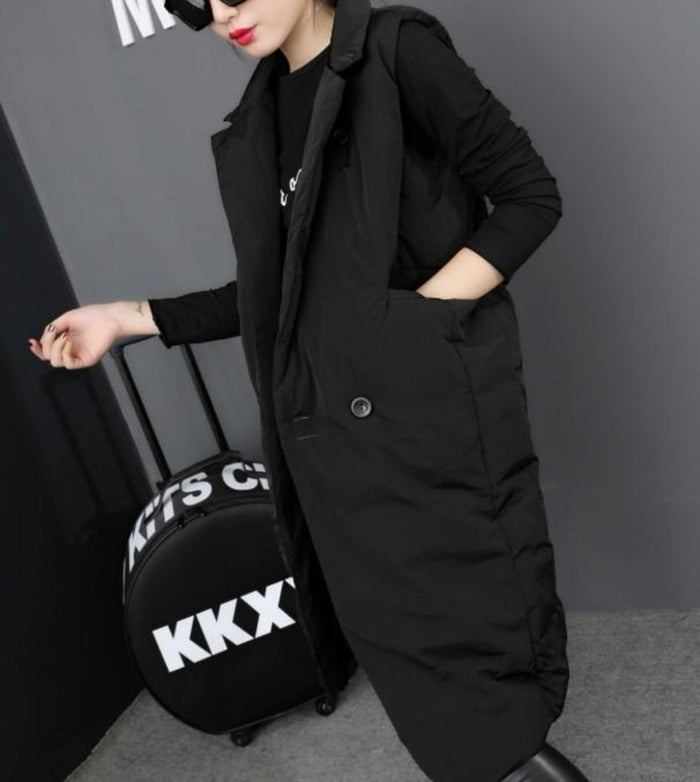 Long Double Breasted Winter Vest for Women: light gray, black sleeveless padded vest, minimal style