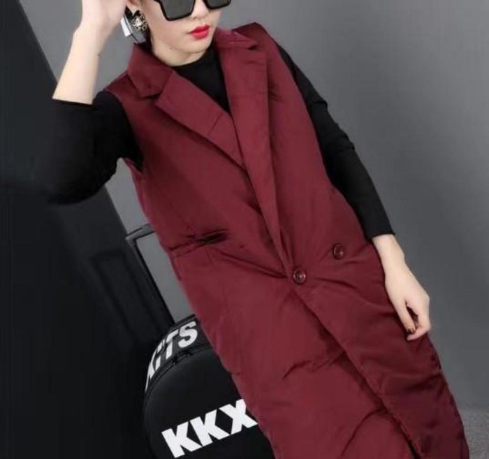Long Double Breasted Winter Vest for Women: light gray, black sleeveless padded vest, minimal style