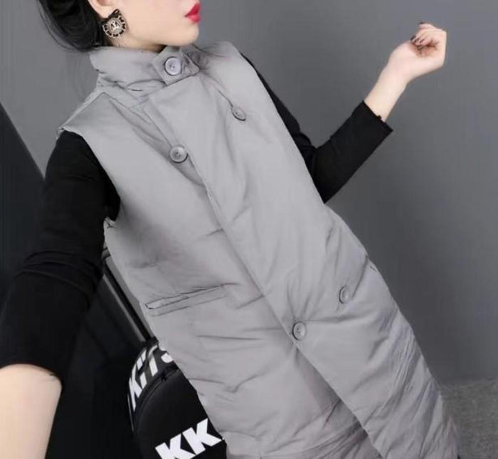 Long Double Breasted Winter Vest for Women: light gray, black sleeveless padded vest, minimal style