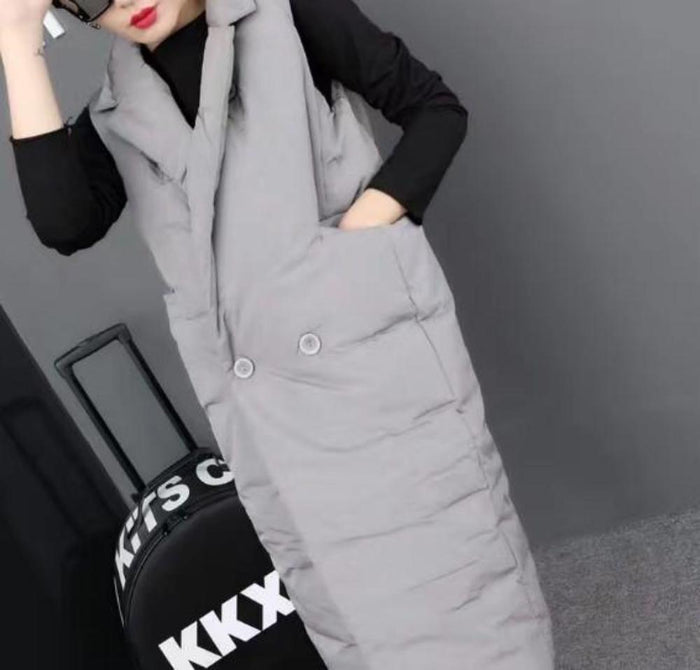 Long Double Breasted Winter Vest for Women: light gray, black sleeveless padded vest, minimal style