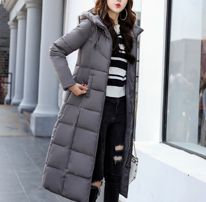 Long Hooded Puffer Jacket for Women: gray long puffer coat, minimal style