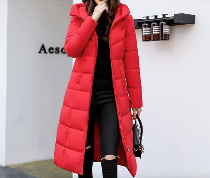 Long Hooded Puffer Jacket for Women: gray long puffer coat, minimal style