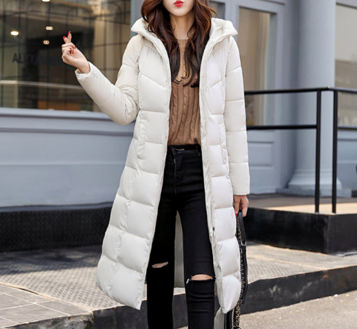 Long Hooded Puffer Jacket for Women: gray long puffer coat, minimal style