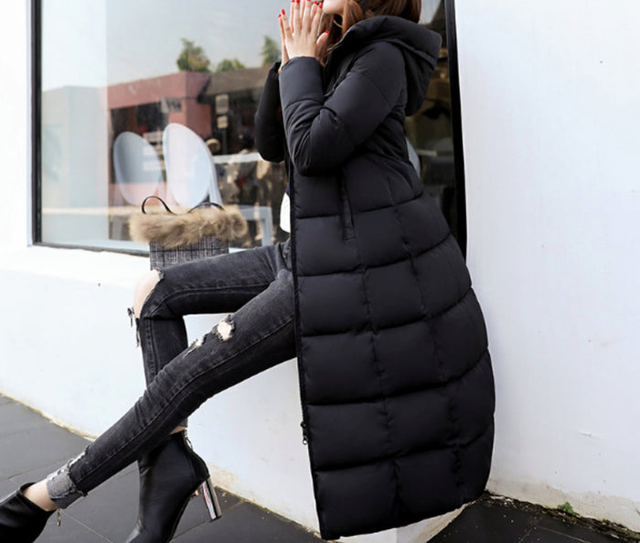 Long Hooded Puffer Jacket for Women: gray long puffer coat, minimal style