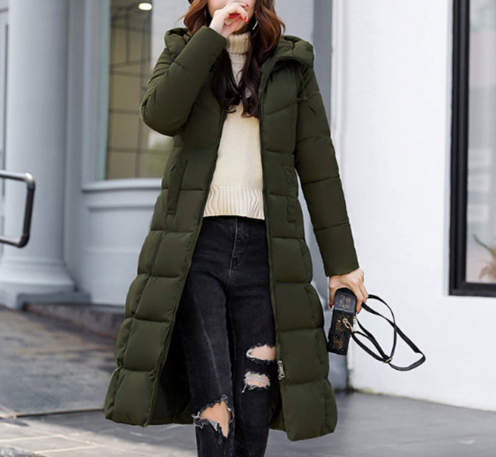 Long Hooded Puffer Jacket for Women: gray long puffer coat, minimal style