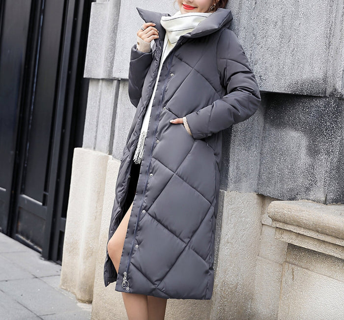 Long Padded Jacket with High Neckline for Women: dark gray, white long padded coat, minimal winter outerwear style